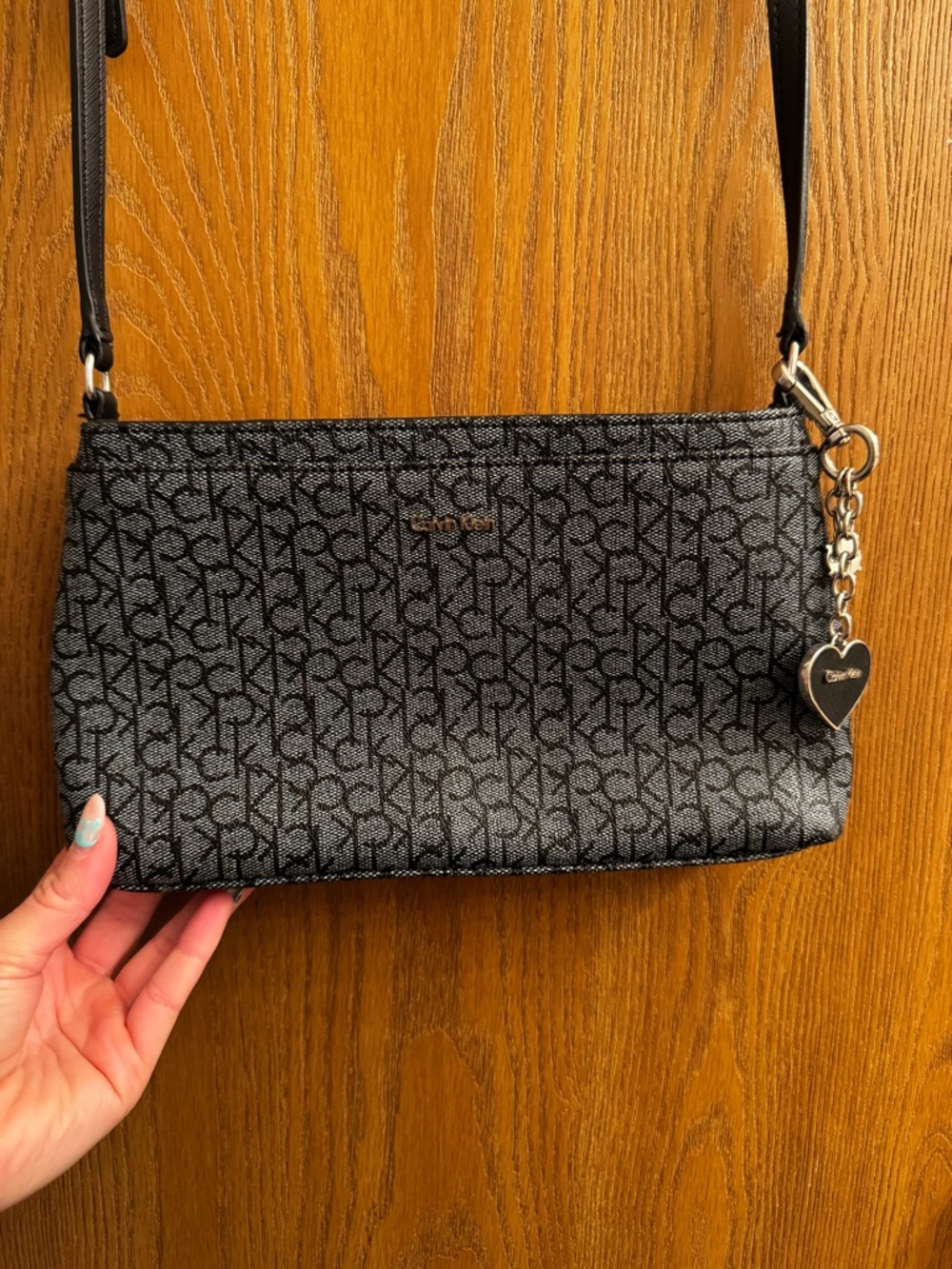 Calvin Klein Black Signature Logo Crossbody Bag with Heart Charm